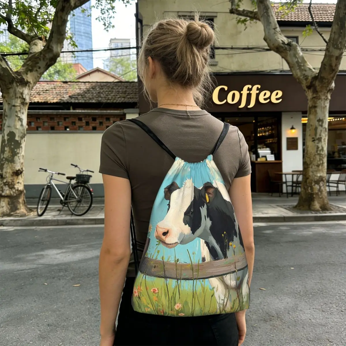 Cute Cow Fence Flower Pattern Backpacks Fashion Drawstring Bags Sports Bag Book Bags for Travel Students