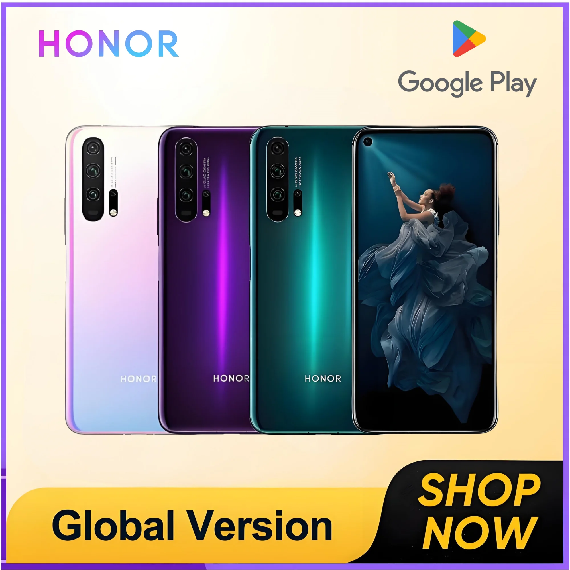 HUAWEI-HONOR 20 프로 스마트폰, 6.26 인치, 8 + 256GB ROM, 휴대폰, 안드로이드, 구글 플레이 스토어, 듀얼 SIM,48MP,4G, 글로벌 