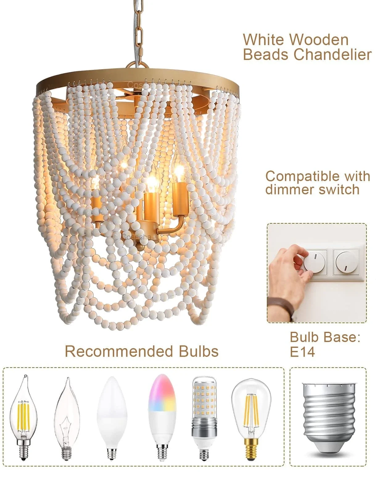 Gold Chandelier Wooden Beaded Lighting Fixture Fringe Hanging Light Kitchen Baby Kids Room Foyer Bedroom Dining Room Wood Lamp
