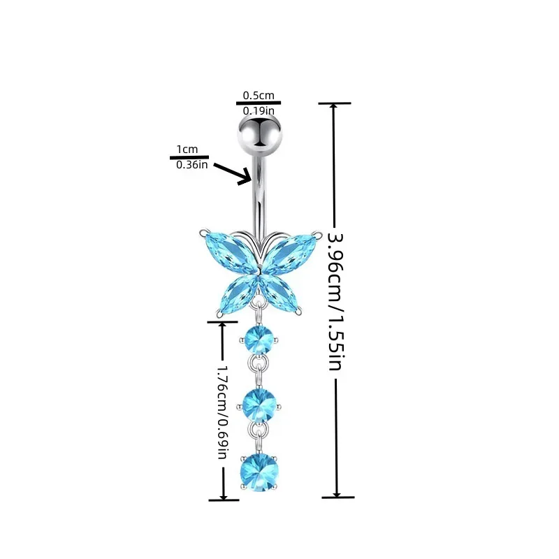 1PCS Blue Crystal Belly Button Rings Stainless Steel Heart Navel Piercing Barbell For Women Butterfly Belly Ring Beach Jewelry