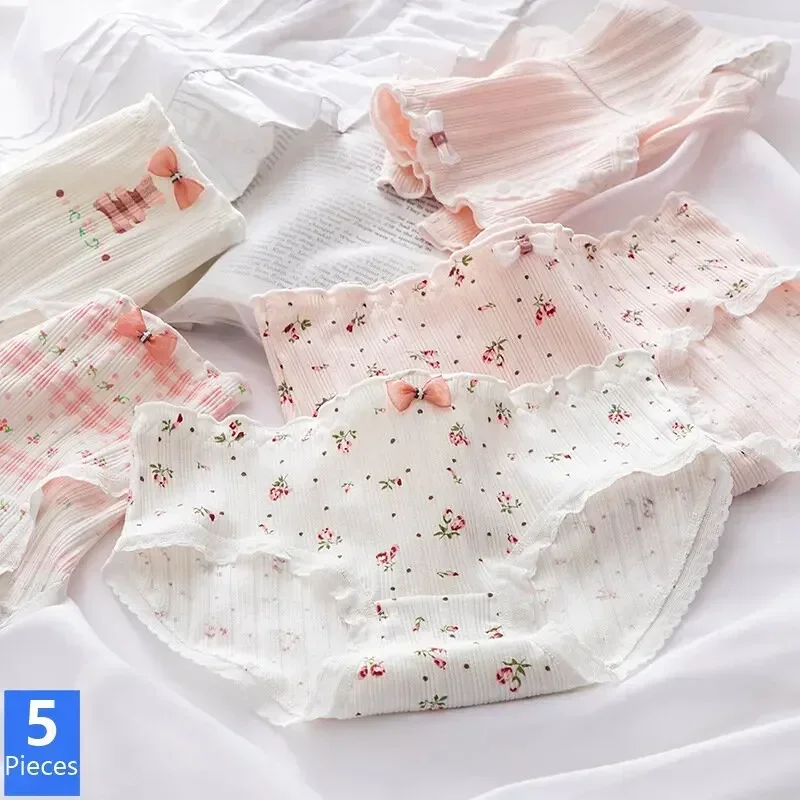 

New Cotton Panties Cute Bow Women's Underwear Sexy Female Underpants Girls Briefs Fashion Plus Size Floral Pantys 5Pcs/set