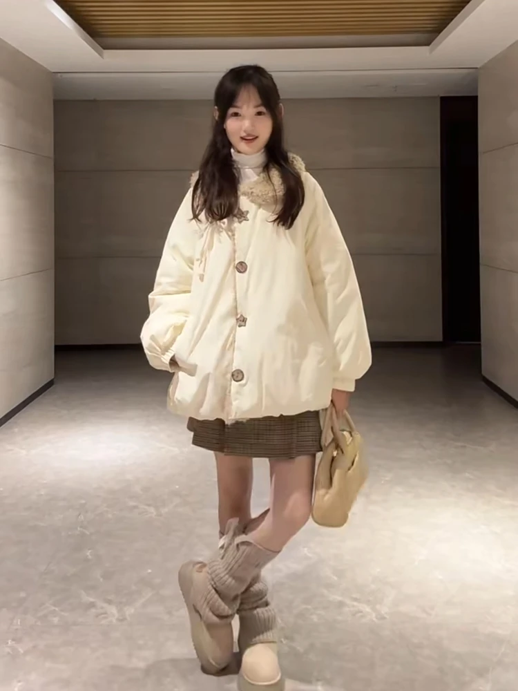 

Winter Thiened White Du down Puffer Jaet Women's College Sle Flud Thiened Velvet Collar Warm Outerwear