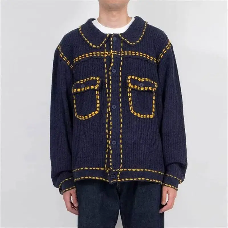 Spring Autumn American  Men's Jacket Korean Slim Coats Turn-down Collar Top Splicing Color Vintage Knitted Sweater For Male