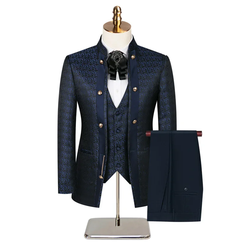 New Chinese-style Jacquard Wedding Host Performance Men's Suits 3pcs Blazer Vest Pants Formal Party Groom Tuxedo