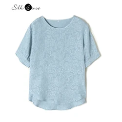 Silk Guanle Crepe Round Neck T-shirt Women 2022 Summer Women Fashion 100%Natural Mulberry Silk Solid Jacquard Top