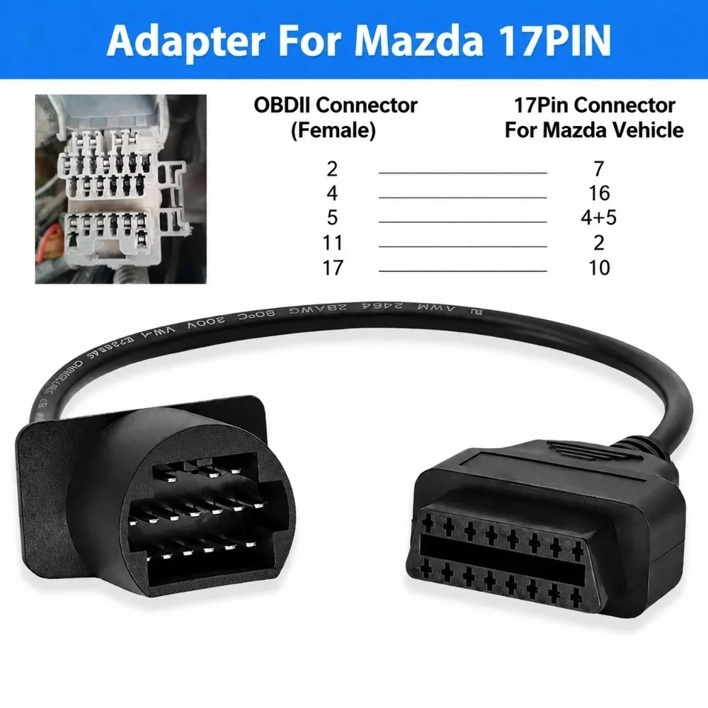 17Pin Male Plug OBD Adapter Cable 16Pin Female Port Black PVC Wire OBDII Diagnostic Cable 17Pin to OBD2 Cable
