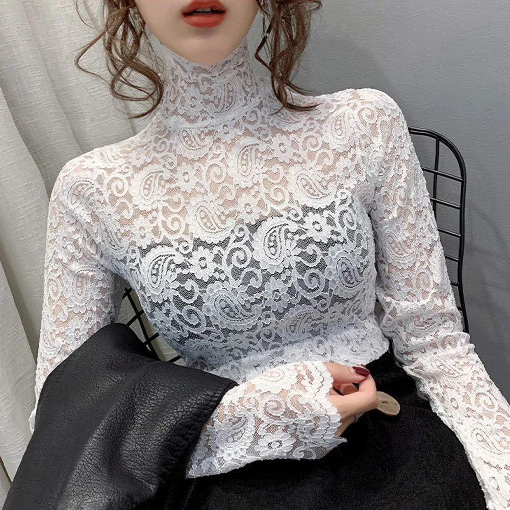 Chemisier femmes dentelle transparente t-shirt extensible col roulé pétale manches fille Blusas Mujer De Moda noir blanc abricot chemise hauts