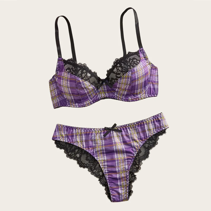 

Sexy Lingerie Purple Plaid Lingerie Set French Underwear Lace Trim Women's Underwear Romantic Intimate Three-Point Bra Set