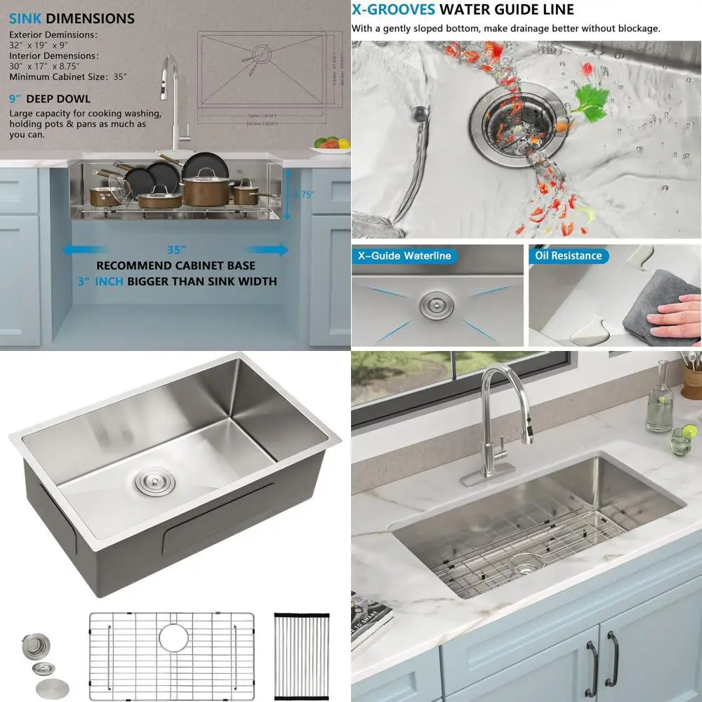 

32 Inch Single Bowl Undermount Kitchen Sink, 19 Wide, 16 Gauge T304 Stainless Steel
