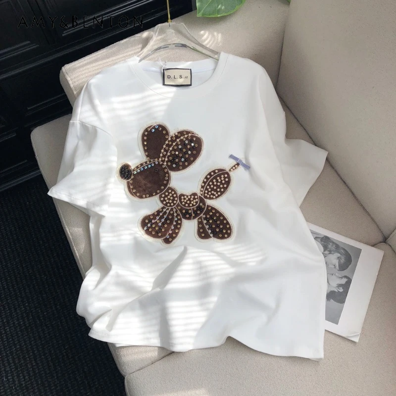 

2025 New Spring Cool Kawaii Top Tees Heavy Industry Beads Cartoon Patch Loose Casual Round Neck Short Sleeves T-shirt Pullovers