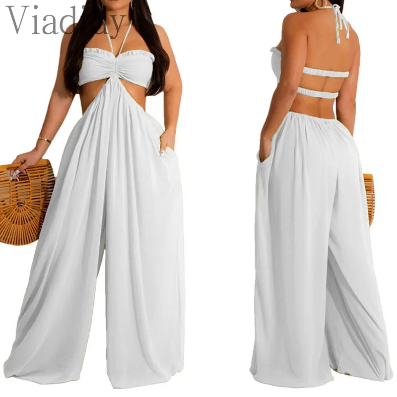 Women Solid Color Loose Halter Backless Wide Leg Jumpsuit