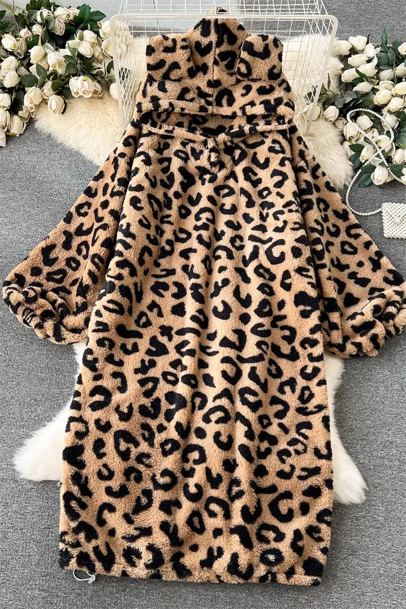 Lazy Style Plush Pajamas For Women\'s Home Wear Winter Thickened Loose Fitting Hooded Leopard Print Dress Warm Robe Z4674