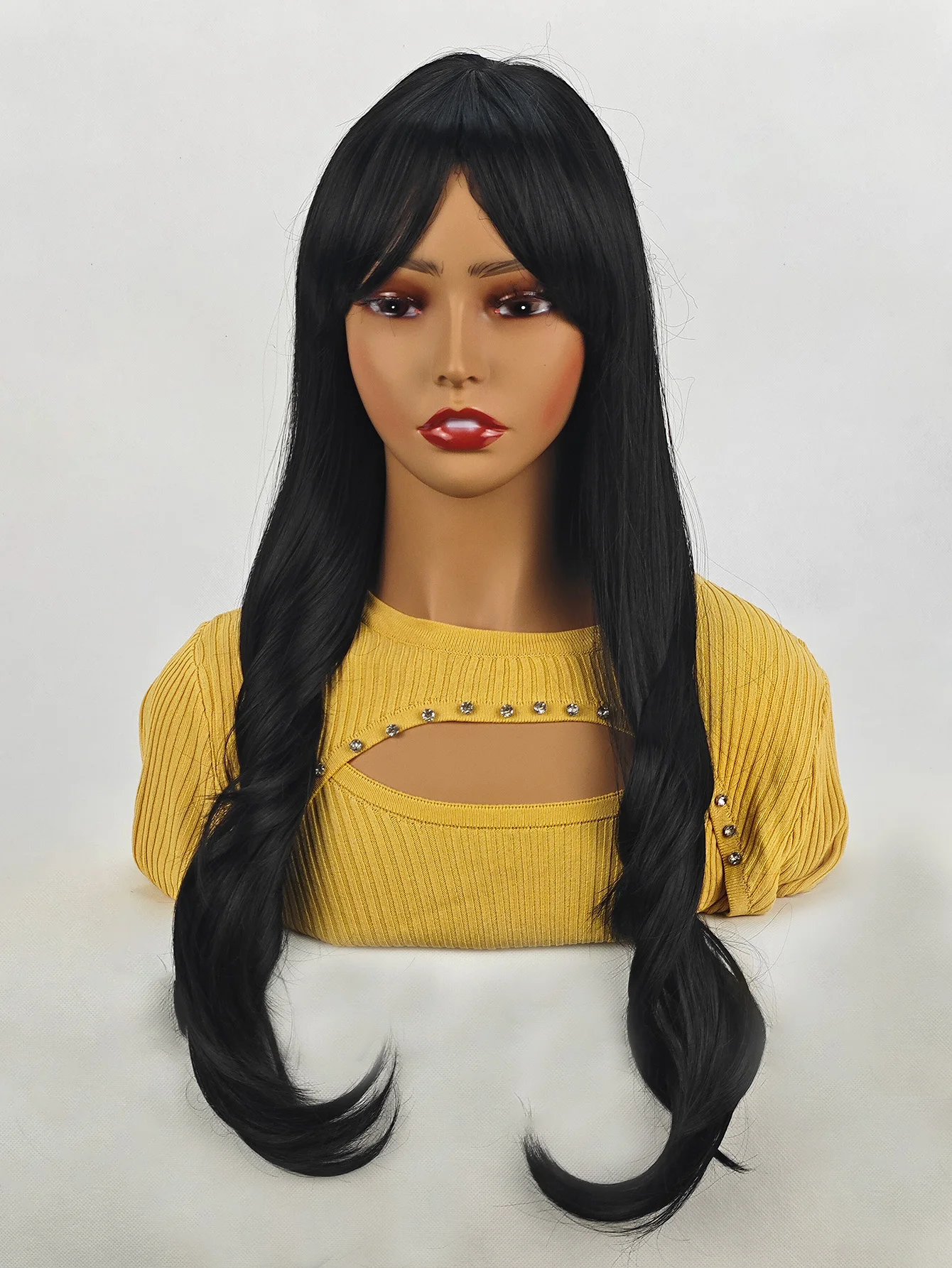 Medium-length wavy straight hair fully machine-made wig 26 inches natural black