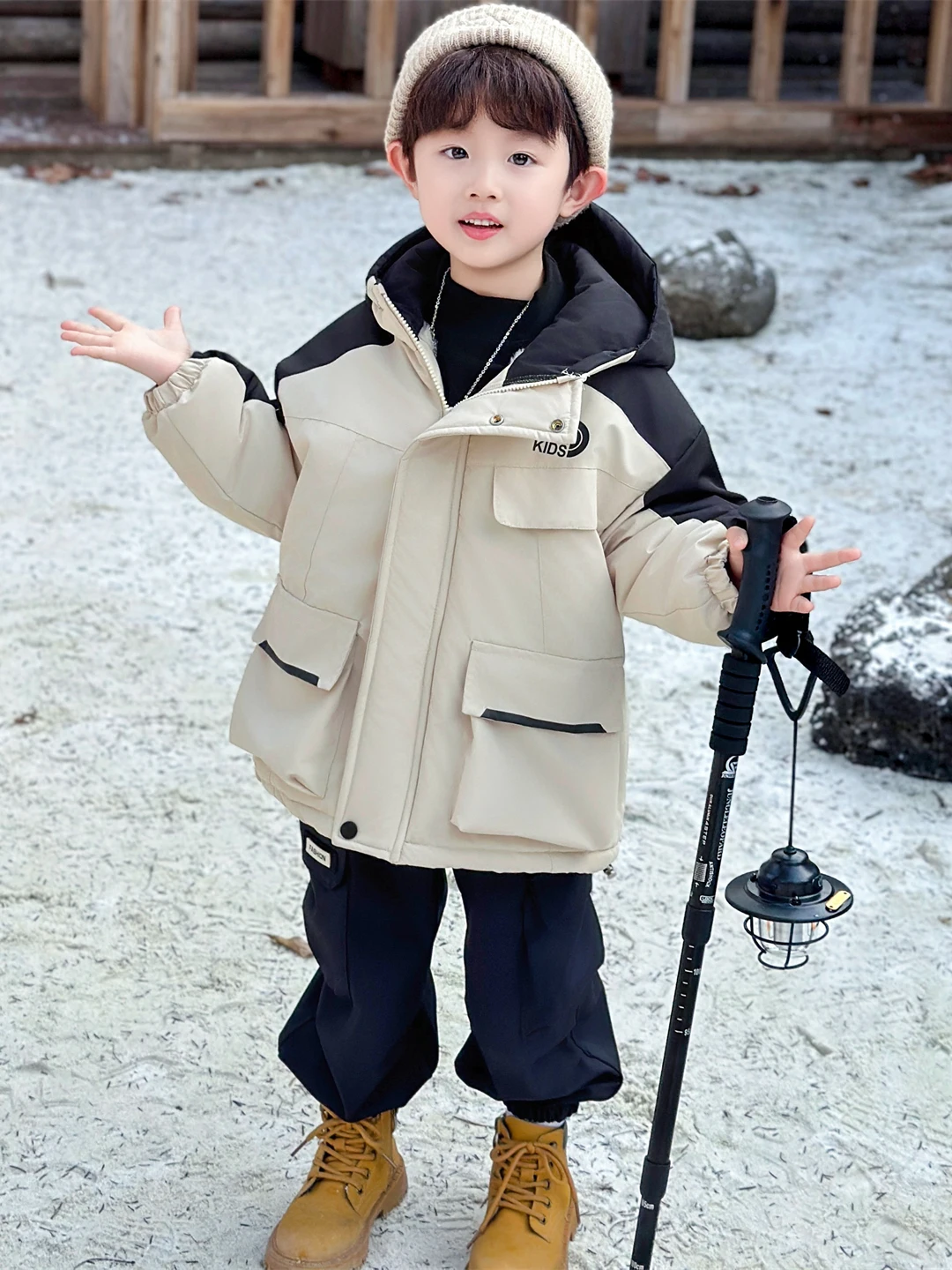 

Thiened Fce Lined Hooded Cotton Jaet for Boys in Beige Millet Pink Winter Parka Coat Trendy Youth Casual Long Sve Z...