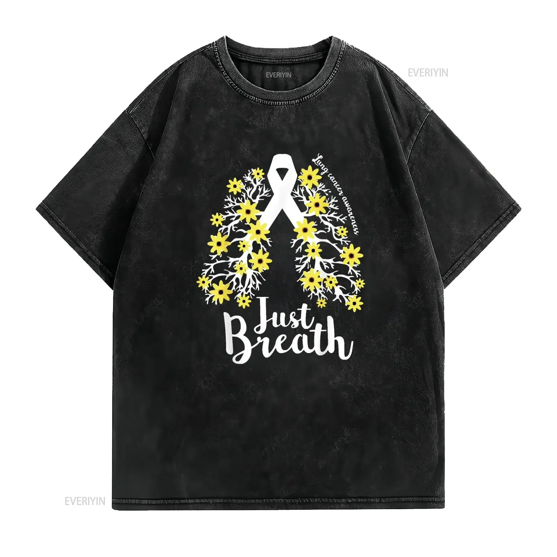 Just Breathe Lung Cancer Awareness Support Ribbon Costume T Shirt vintage Washed Versatile Comfortable streetwear Slightly