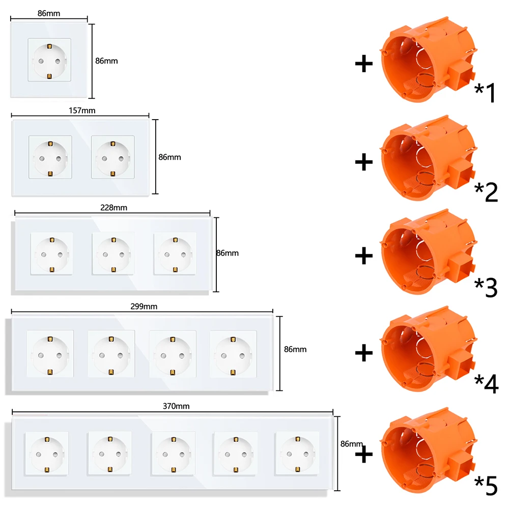 Bingoelec EU Standard Single Power Socket Crystal Panel 16A Double Wall Outlets Triple Type-C Plug Glass Quadruple Wall Sockets