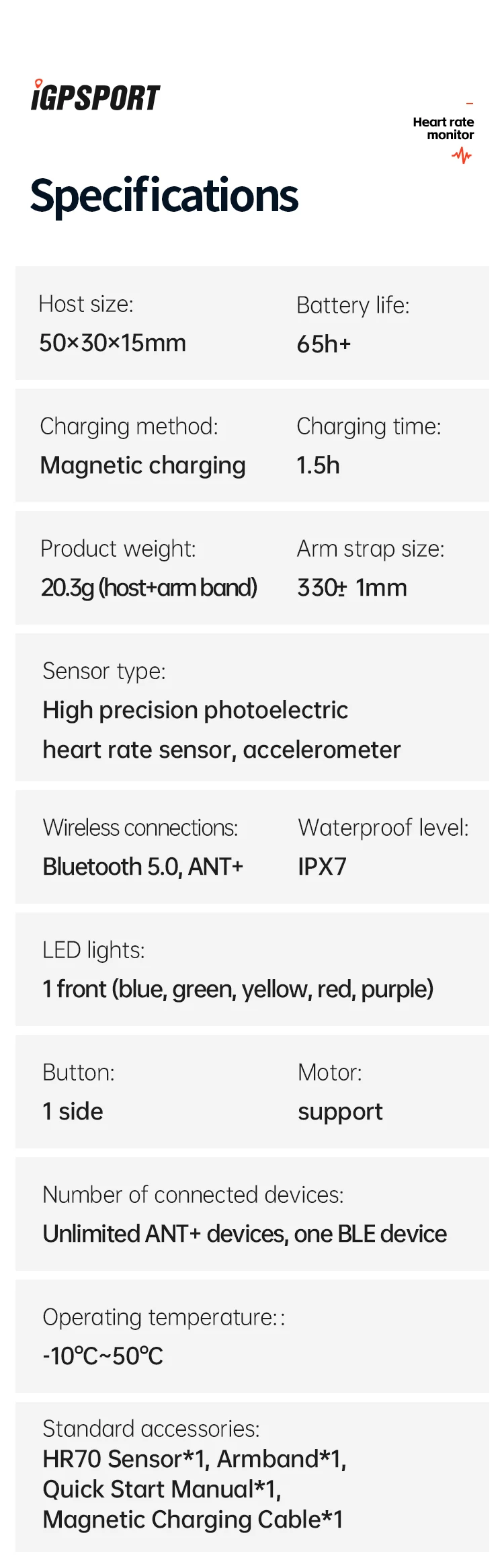 iGPSPORT HR70 Herzfrequenzmesser Armband Fitness Lauf-Sport Herzfrequenzsensor Bluetooth ANT+ für Fahrradcomputer – Detail 10