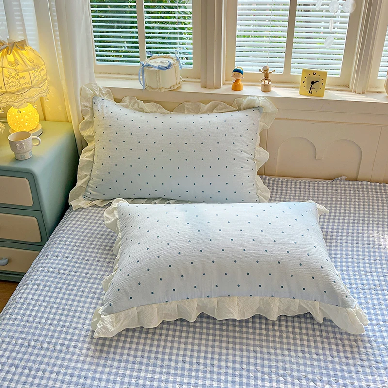 2Pcs Korean Ins Polka Dot Ruffle Pillowcases Soft Washed Cotton Pillow Shams Sweet Princess Style Pillow Cover for Bedroom Decor
