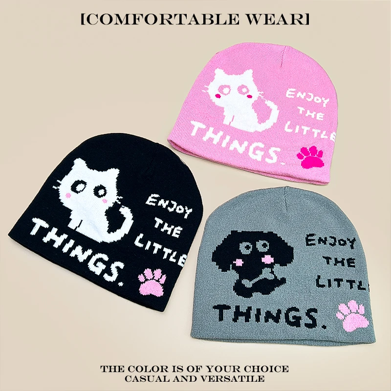 따뜻한 캐주얼 패션 야외 비니 귀여운 다용도 한국 신상 남녀 공용 만화 자카드 고양이 강아지 발자국 글자 니트 모자