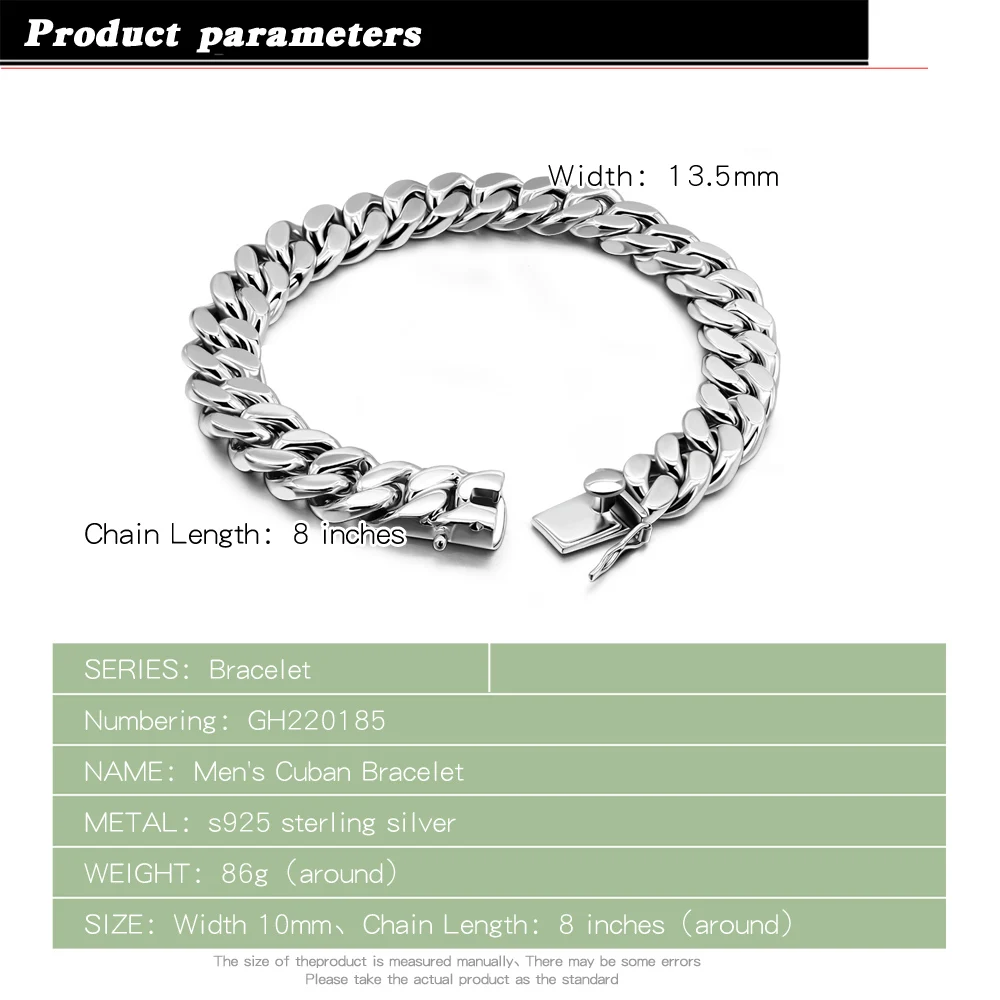 Hip Hop Shiny 13.5mm Cuban Link Wristband Bracelets for Men 925 Sterling Silver Heavy weight Designer Male Bracelet Creativity