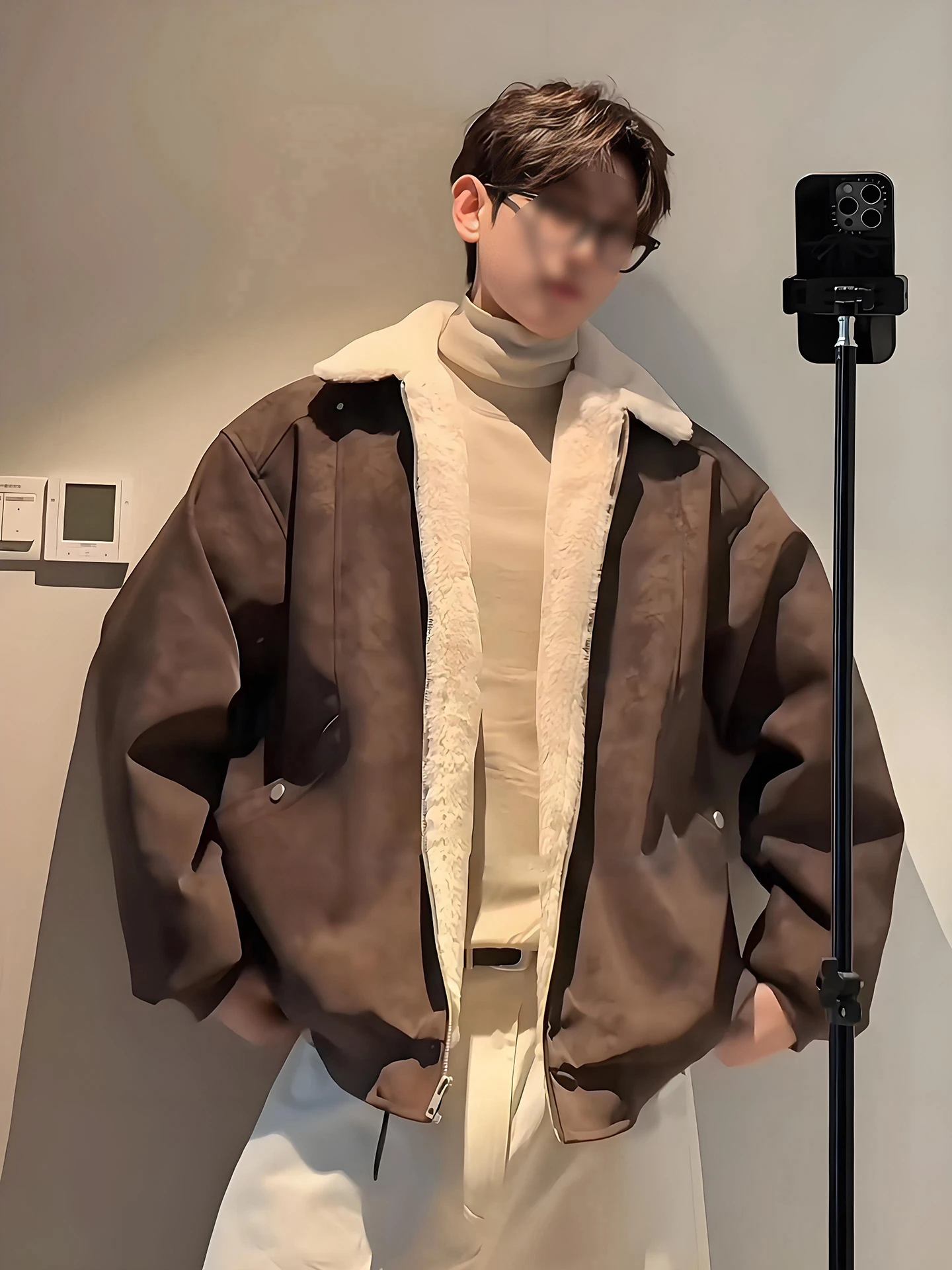 

Мужская зимняя утепленная куртка из овечьего флиса с хлопковой подкладкой, матовая куртка из искусственной кожи, приталенный крой, длинный рукав, застежка-молния