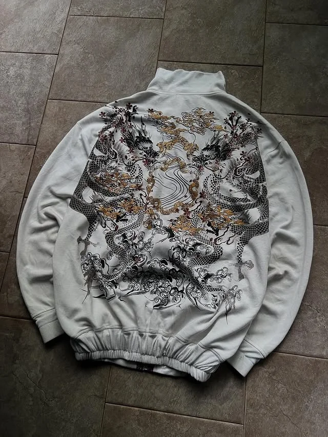 Y2K Streetwear Hoodie Jacket Men Harajuku Retro Cherry Blossom Dragon Graphic Black Oversized Sweatshirt Gothic Jacket