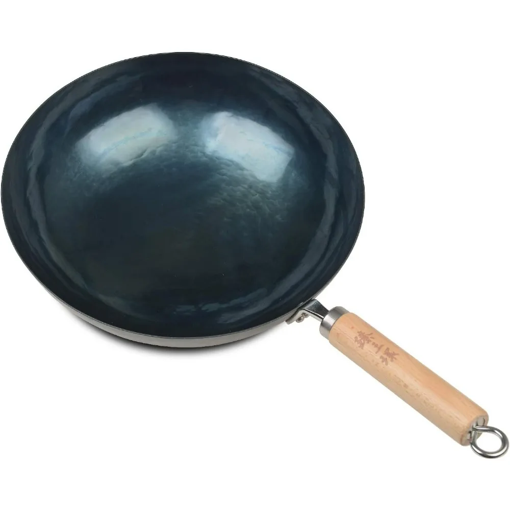 

ZhenSanHuan Китайский ручной кованый утюг для пудры и сковороды для жарки с деревянной ручкой и круглым дном (30 см, синий, черный - приправлено)