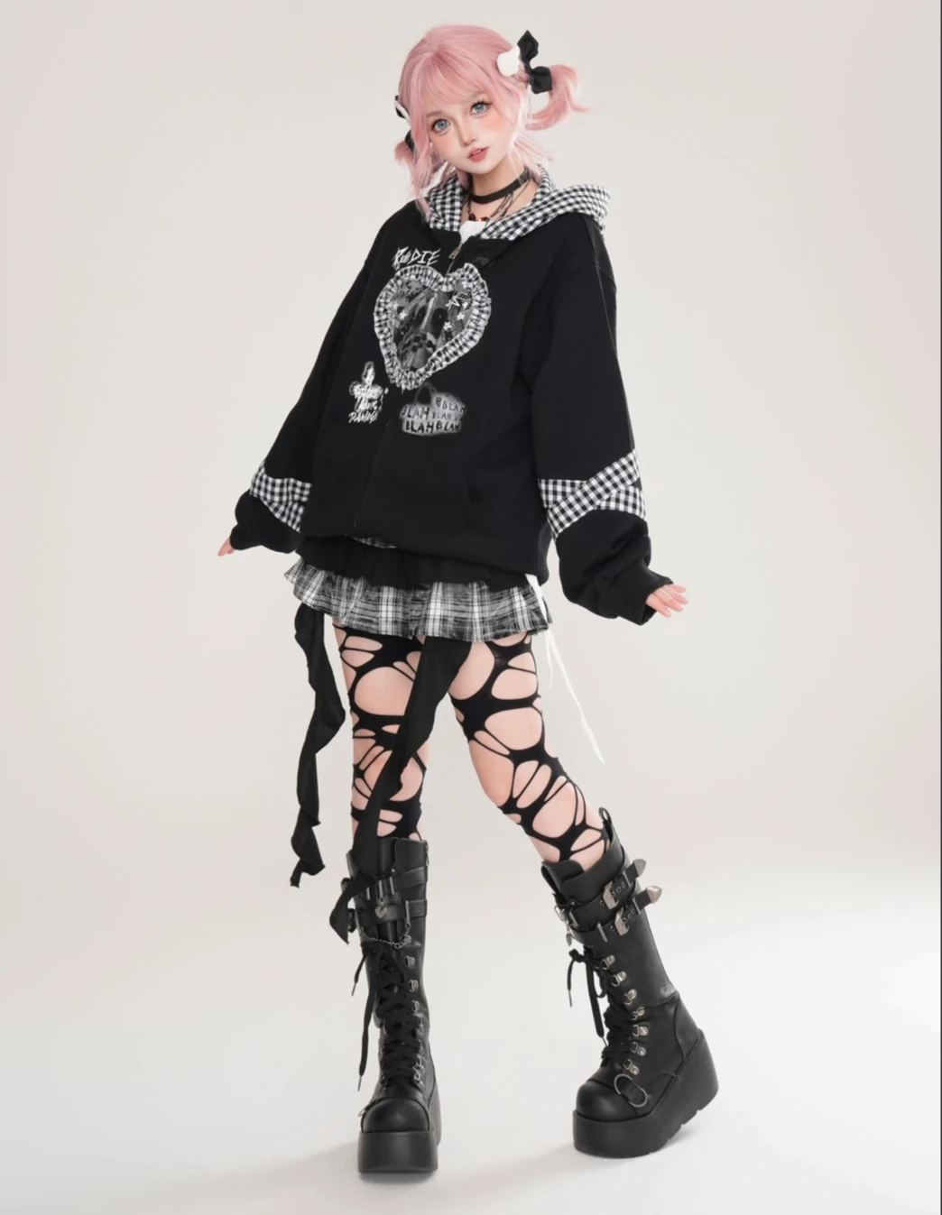 Japanese Subculture Sweet Cool Lace Plaid Rabbit Ear Hooded Graffiti Print Loose Versatile Casual Sweatshirt Jacket Women Autumn