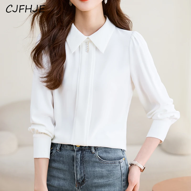 CJFHJE Back 2 Buttons Long Sleeve White Chiffon Shirts Women New Spring Fall Korean Satin Blouse Temperament Office Ladies Tops