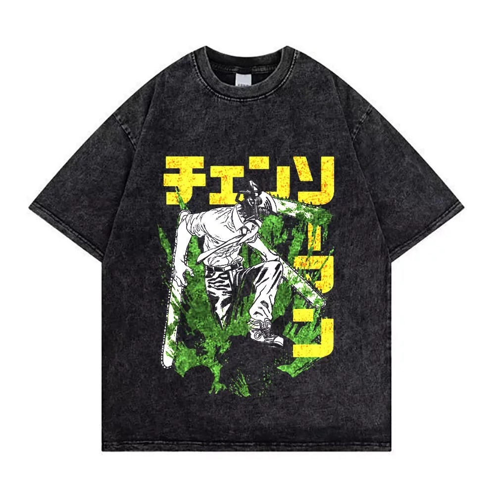 

Chainsaw Man Denji Chainsaw Form Acid Washed T Shirt Unisex Grunge Green Anime Print High Quality Cotton Cool Streetwear