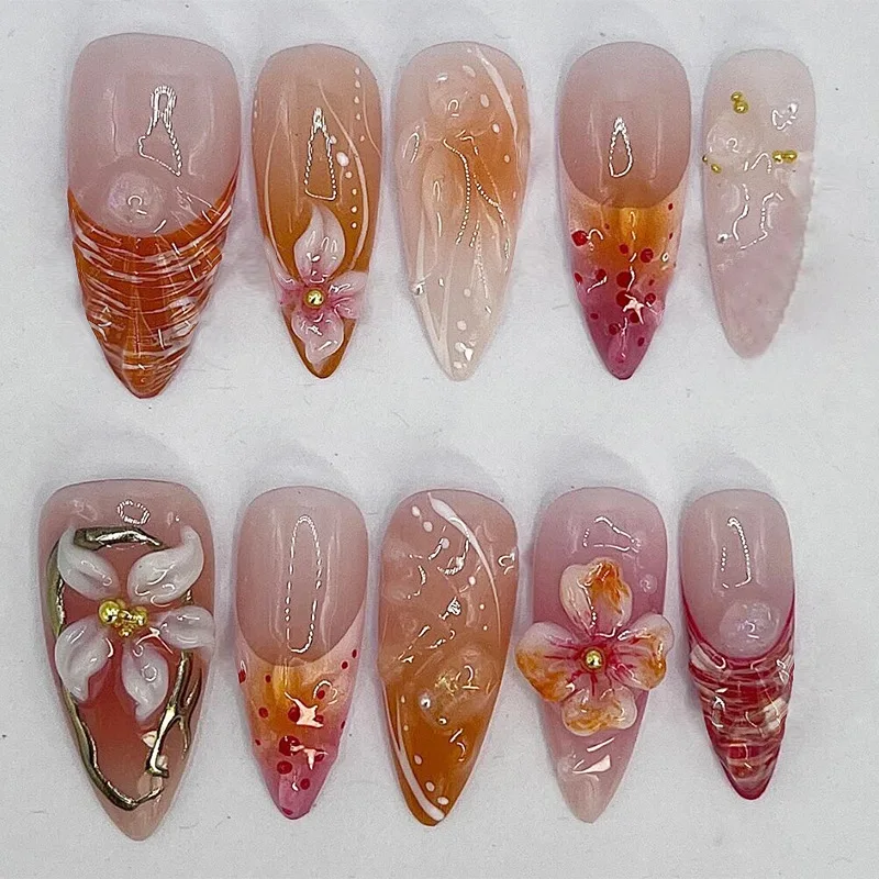 

24Pcs Orange Red Smudge French Fake Nails Press on 3D Flower Design False Nails Mid-length Almond Wearable Full Cover Nails Tips