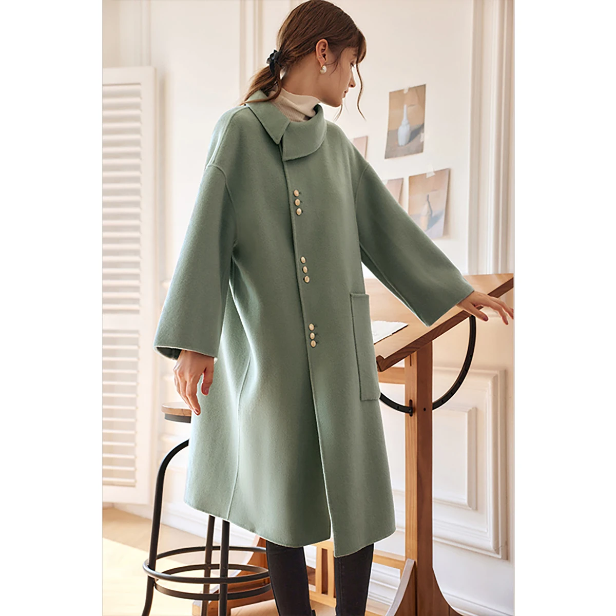 OLrain французские длинные шерстяные пальто для женщин, осень 2024, свободная шерстяная куртка с длинными рукавами, модное однотонное отложное пальто VP56DS58996