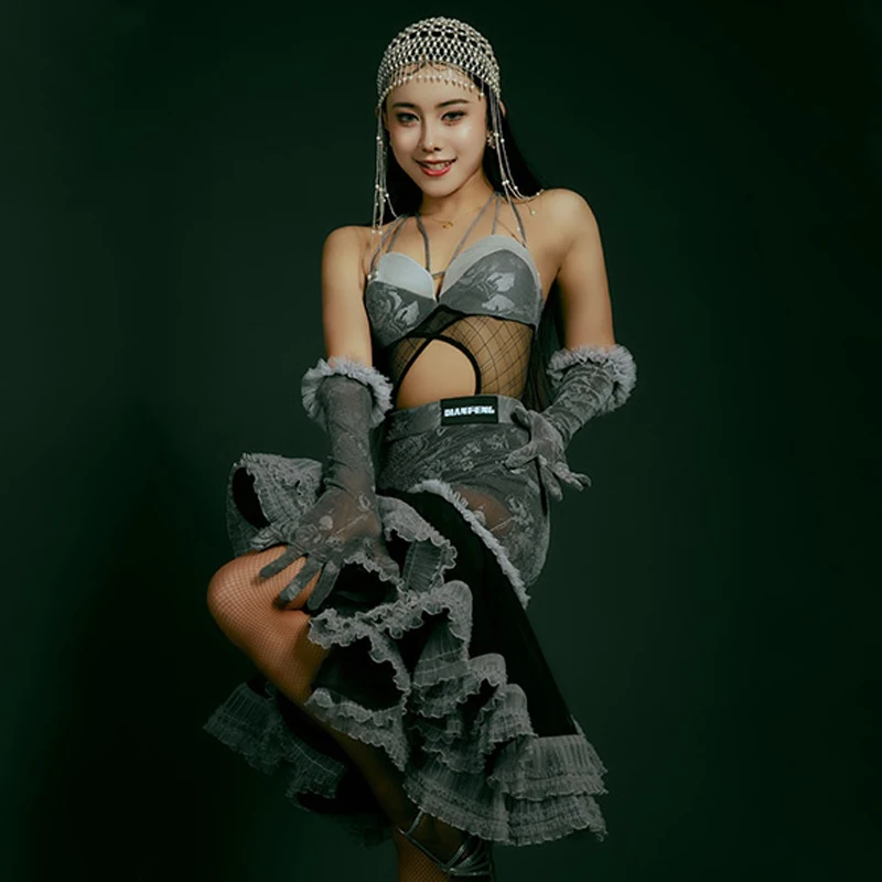 2024 Latin Dance Kostüm Frauen Leistung Kleidung Rose Spitze Tops Rock Rumba Tanz Kleidung Latin Wettbewerb Kleid DNV 20804