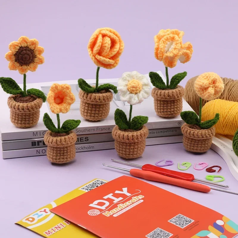 6pcs Crochet Potted Flower Kit Potted Plants Hand-Knit Rose Sunflower Tulip DIY Handmade Knitting Material Tool Table Decoration