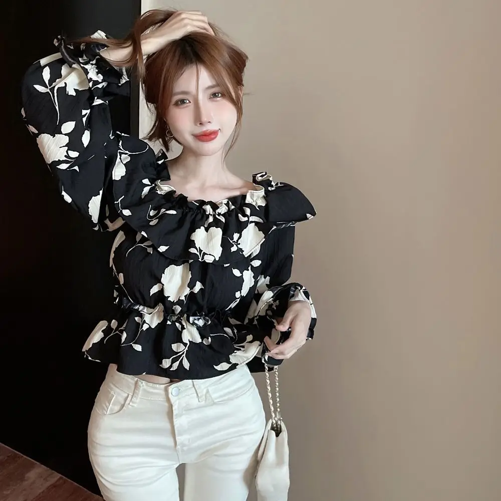 Blouses Women New Arrival Spring French Style Slash Neck Ruffles Floral All-match Ladies Sexy Sweet Ins College Skinny Clothing