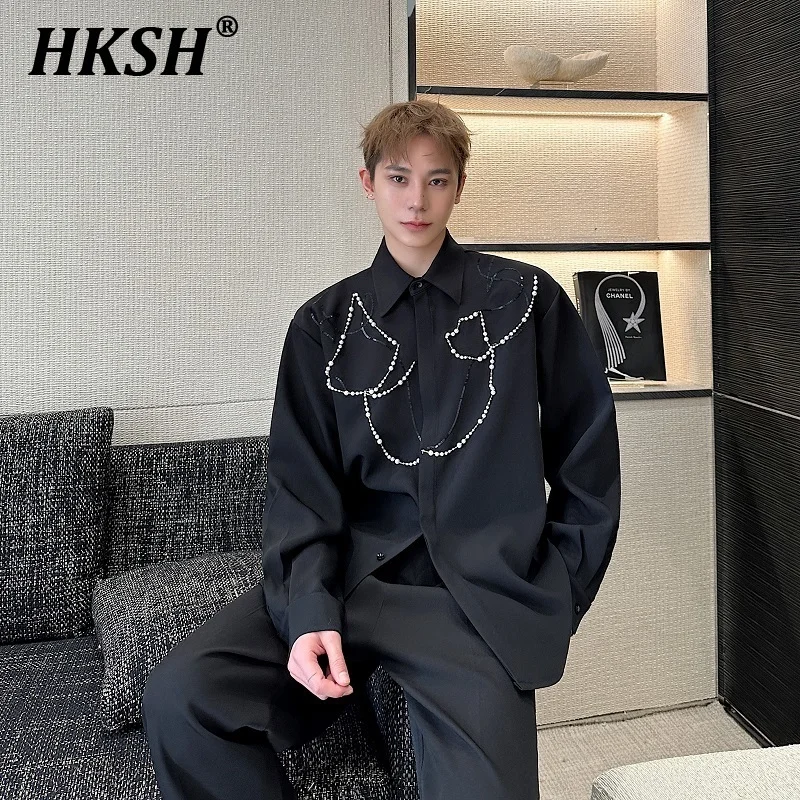 HKSH Spring New Men Tide Dark Niche Design Handmade Bead Chain Sequin Lapel Long Sleeved Shirt Fashion Korean Style Tops HK4183