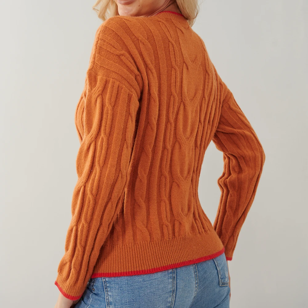 Acryl coltrui Pullover voor Vrouwen, Twist Flower Trui, Verdikte gebreide kleding, Lange mouw, Oranje Kleur, Herfst en Winter