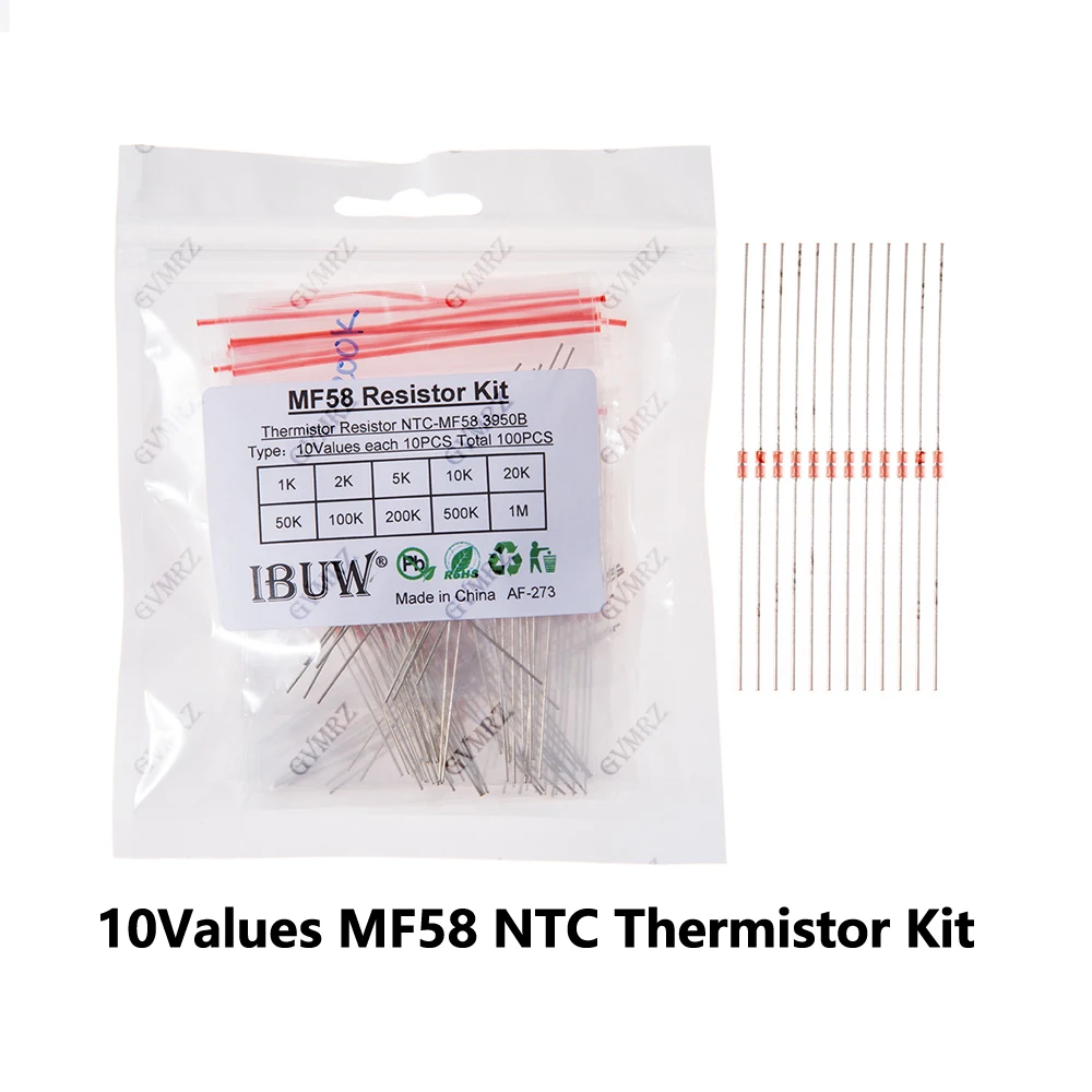 100PCS 10Values MF58 NTC Thermistor Kit 5K 10K 20K 1K-1M 3950B for Temperature Sensing & Circuit Thermal Control Projects 1K 2K