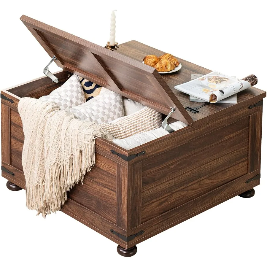 Farmhouse coffee table with hidden storage for living room use, walnut wood, retro brown, flip-top lid and wooden gourd feet