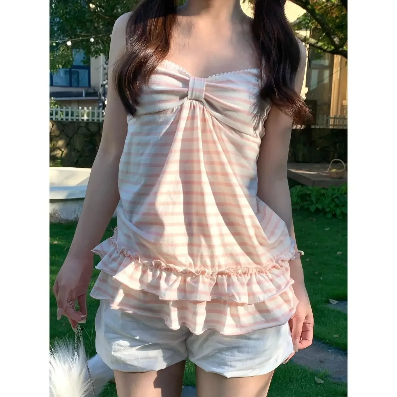 

Kawaii футболки Ropa Mujer майка японский сладкий жилет женские винтажные полосатые футболки без рукавов модные летние майки с оборками тонкие