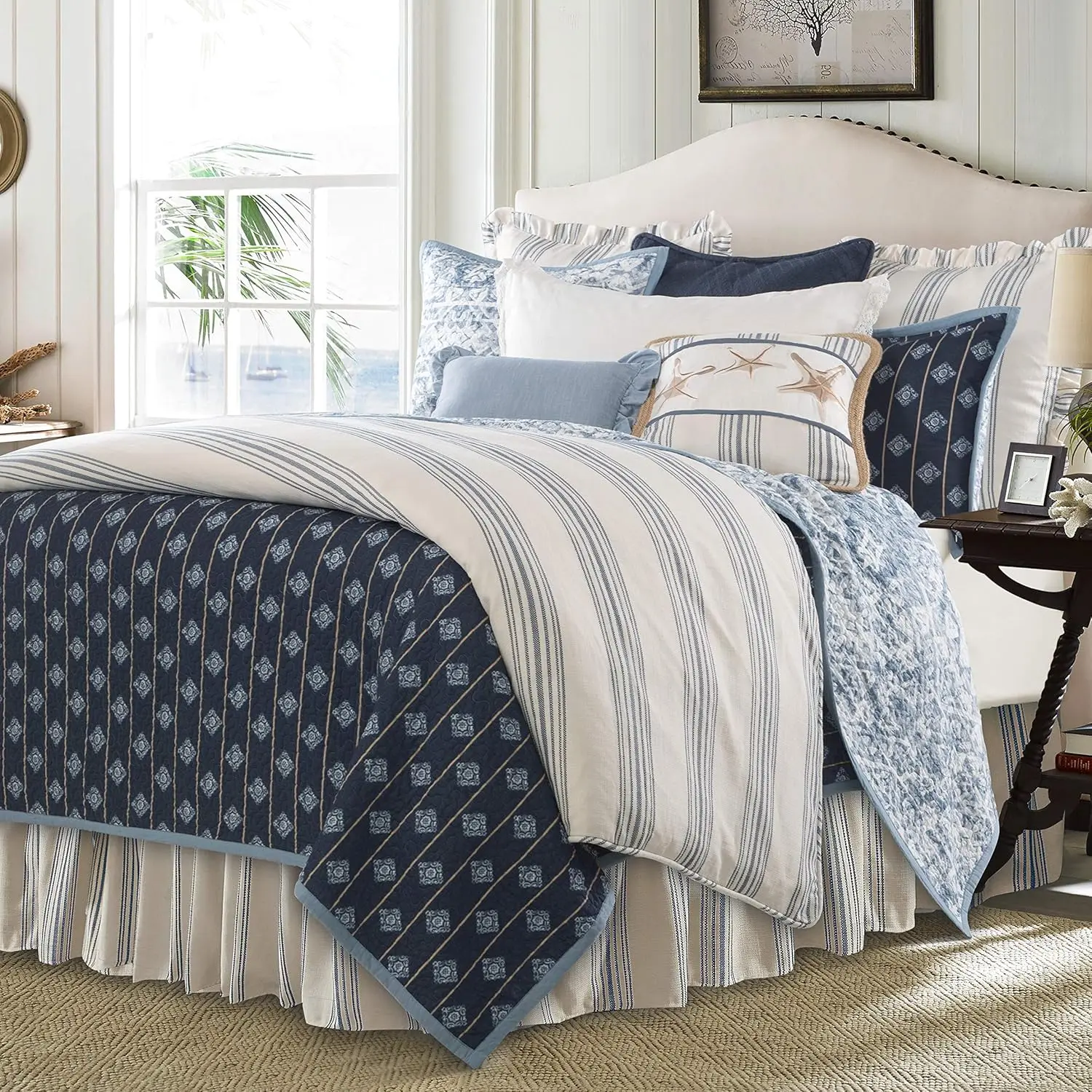 Hiend Accents Prescott Farmhouse Bedding, 3 Piece Super King Size Striped Comforter Set With Pillow Shams, Ivory Navy Ticking