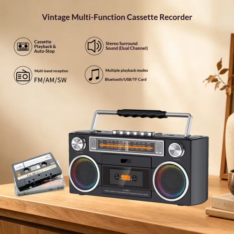 Custom Portable Speaker Built-in Battery Cassette Player Recorder AM FM SW Radio BT USB TF MP3 Converter Dual 5W Speaker