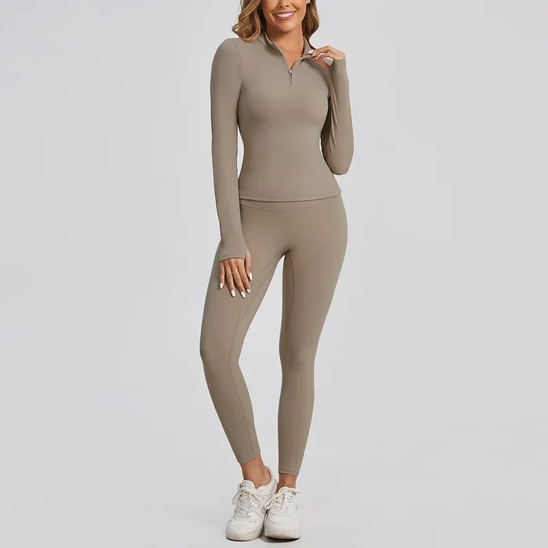 Conjuntos de yoga sem costura esportes fitness cintura alta hip levantar calças de manga comprida com zíper terno correndo treino ginásio leggings conjunto para mulher