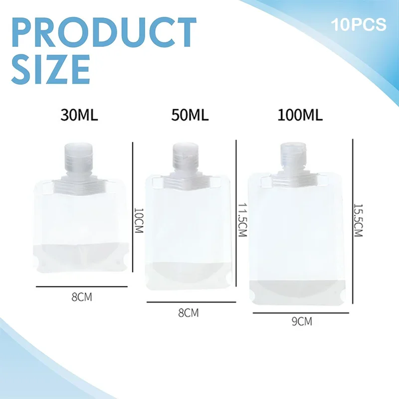 10pcs Empty 30ml/50ml/100ml Squeeze Pouch Stand Up Bags Travel Portable Cosmetic Containers Toiletry Lotion Shampoo Shower Gel