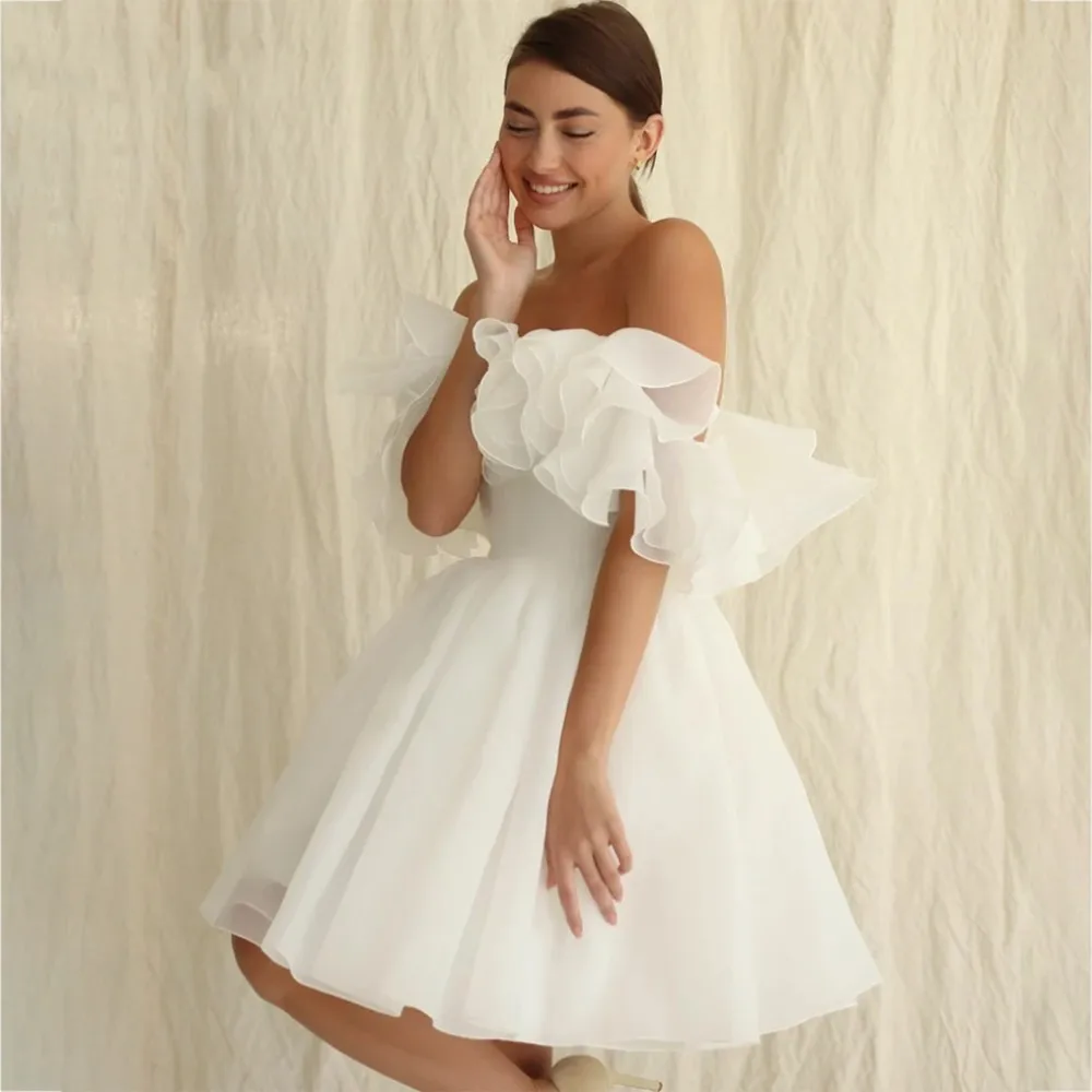 A-line Short Organza Wedding Dress 2024 Ruffles Off Shoulder Tea Length Lace Up Bridal Gowns Beach Vestidos De Novia