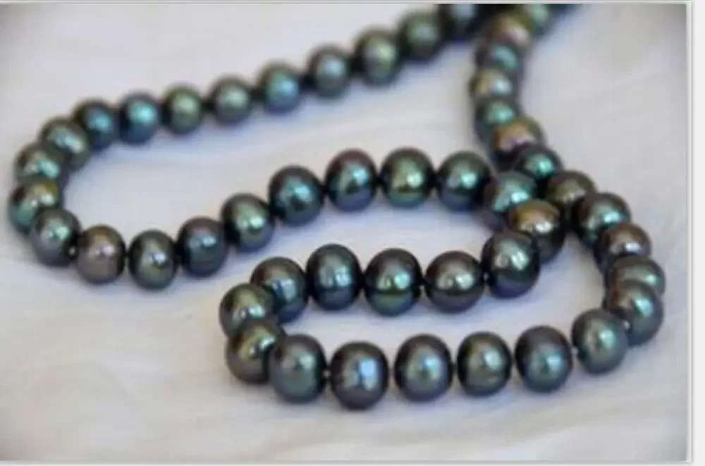 stunning 9- 10mm tahitian peacock green pearl necklace 18inch