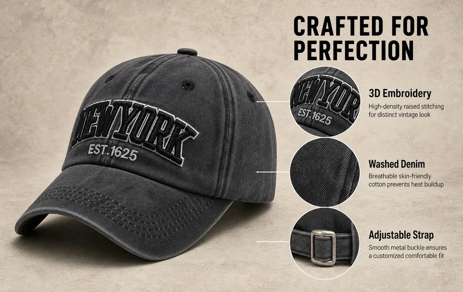 2026 New York Washed Cotton Cap für Herren und Damen – Gorras Snapback Caps Baseball Caps Sonnenschutz Casquette Dad Hat Outdoor Cap – Detail 4