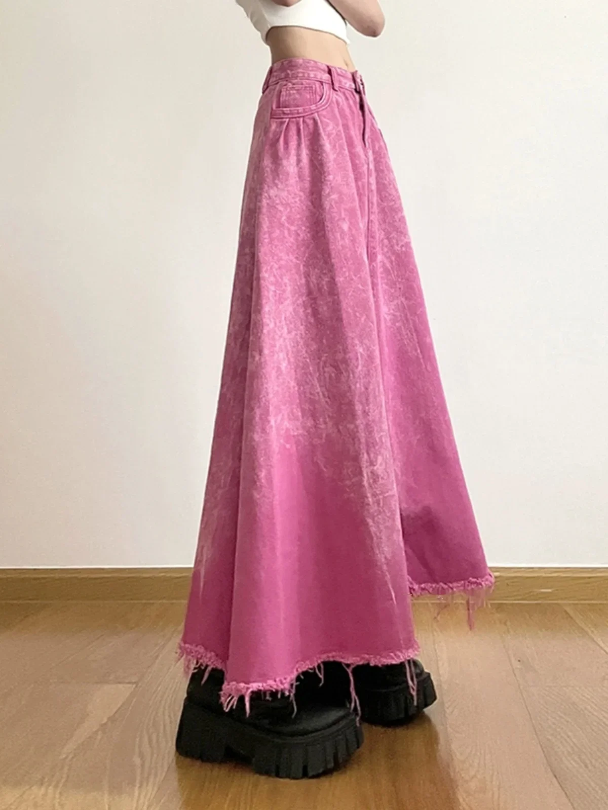 New Autumn Japanese Harajuku Cool Girl Fashion Pink Denim Long Skirt Female Slim Sweet Kawaii A-line Skirts