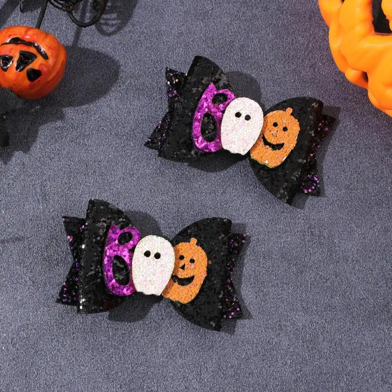 

2Pcs Halloween Glitter Bow Hair Clips Glittering Ghost Pumpkin Spider Bownot for Girls Party