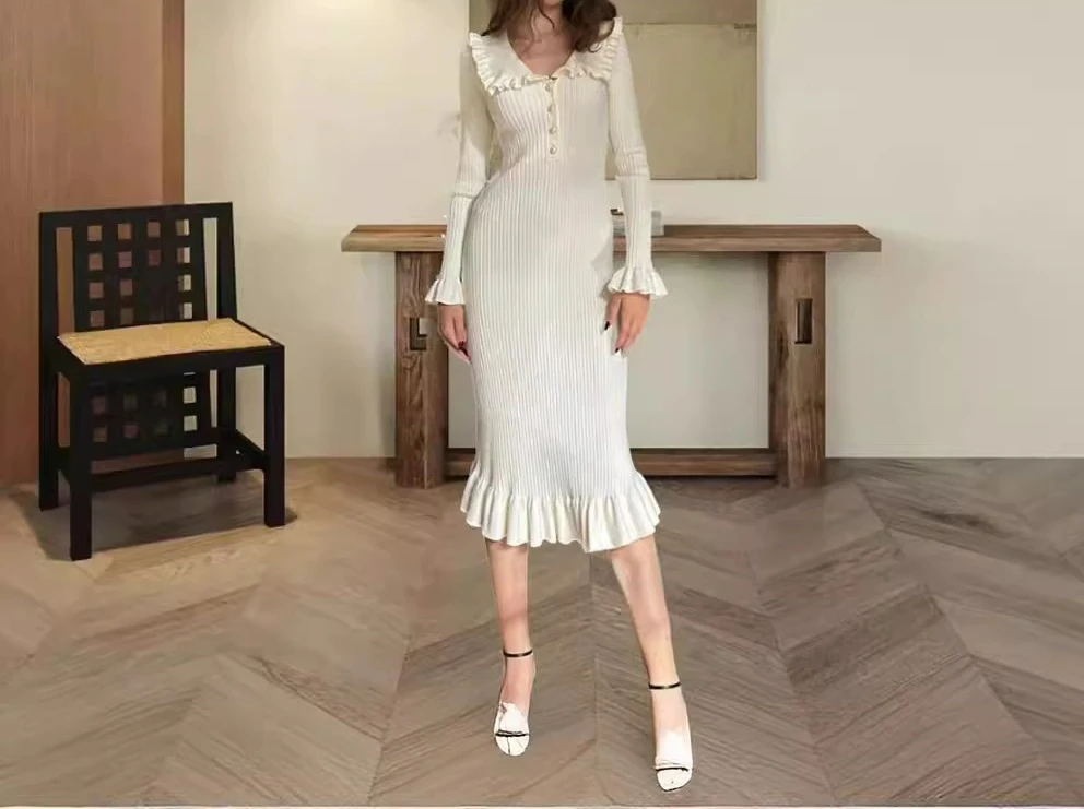 

2025 Autumn and Winter New Commuting Ladies' Ruffle Vintage Slim Fit Long Sleeved Knitted Dress